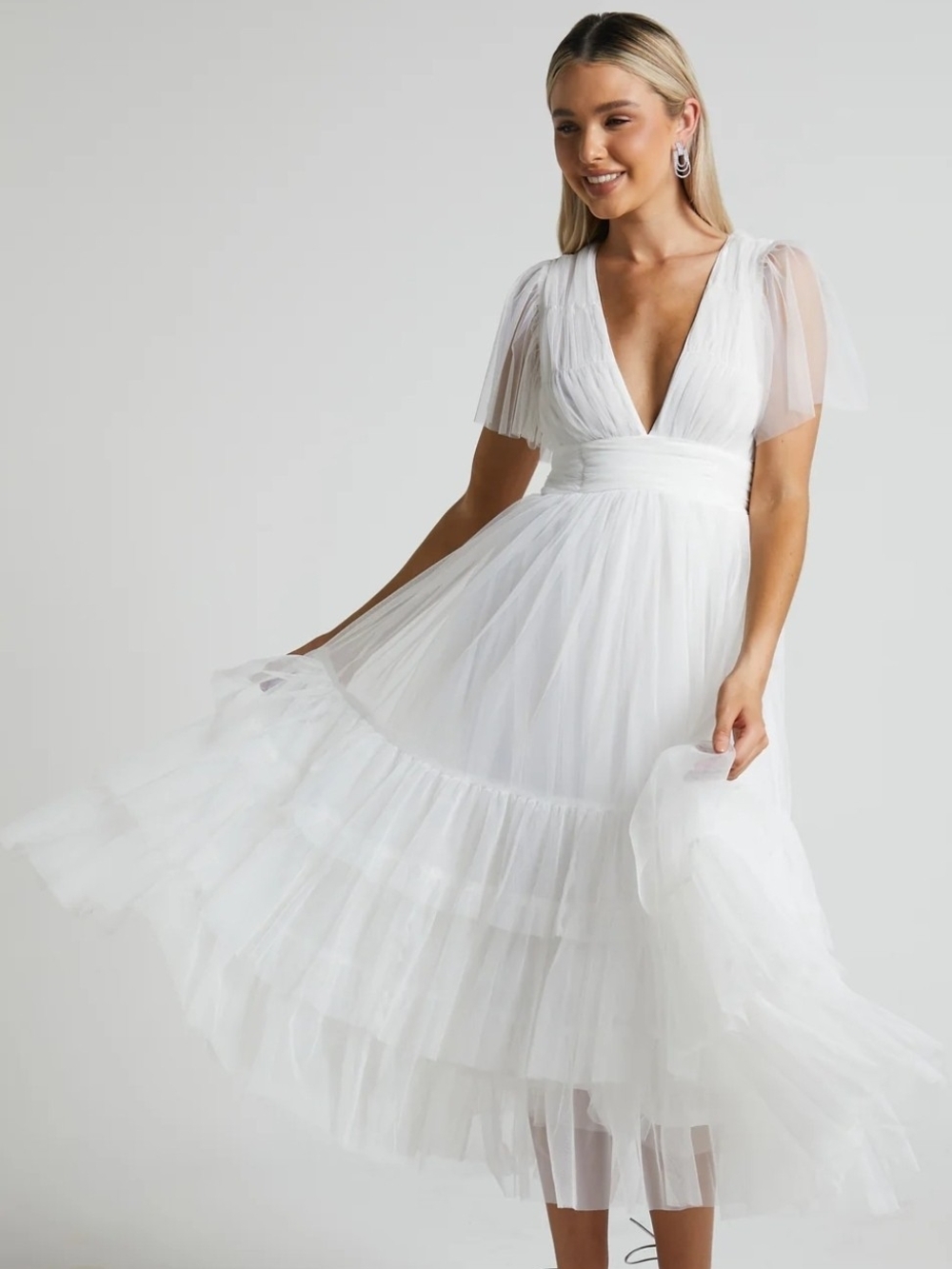 Showpo White V-Neck Tulle Midi Dress with Flutter Sleeves